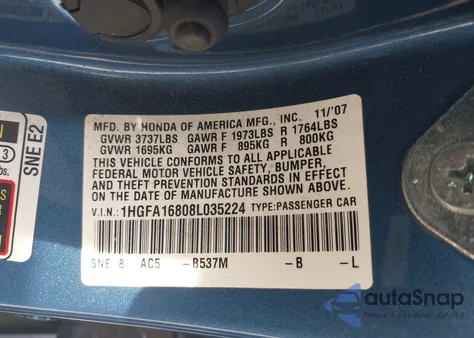 2008 Honda Civic Ex z USA, uszkodzony, nr VIN 1HGFA16808L035224